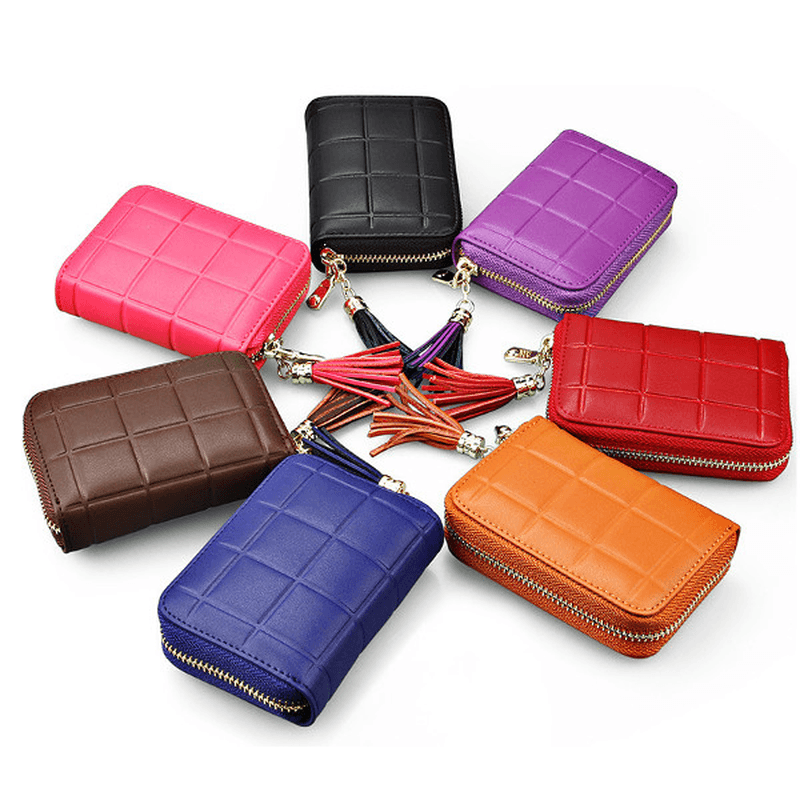 Women Genuine Leather RFID Quilted Card Holder Girls Tassel Zipper Short Wallet Coin Bags - MRSLM