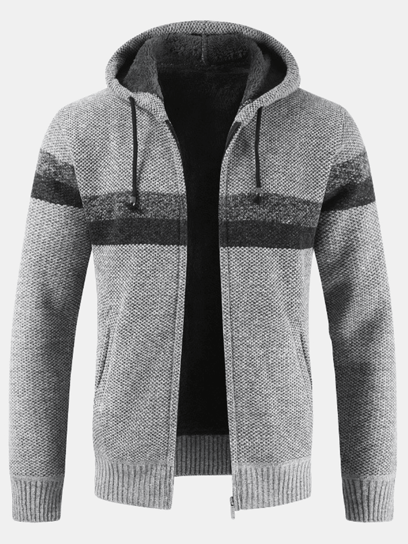 Mens Patchwork Zip Front Rib-Knit Plush Lined Hooded Cardigans with Pocket - MRSLM
