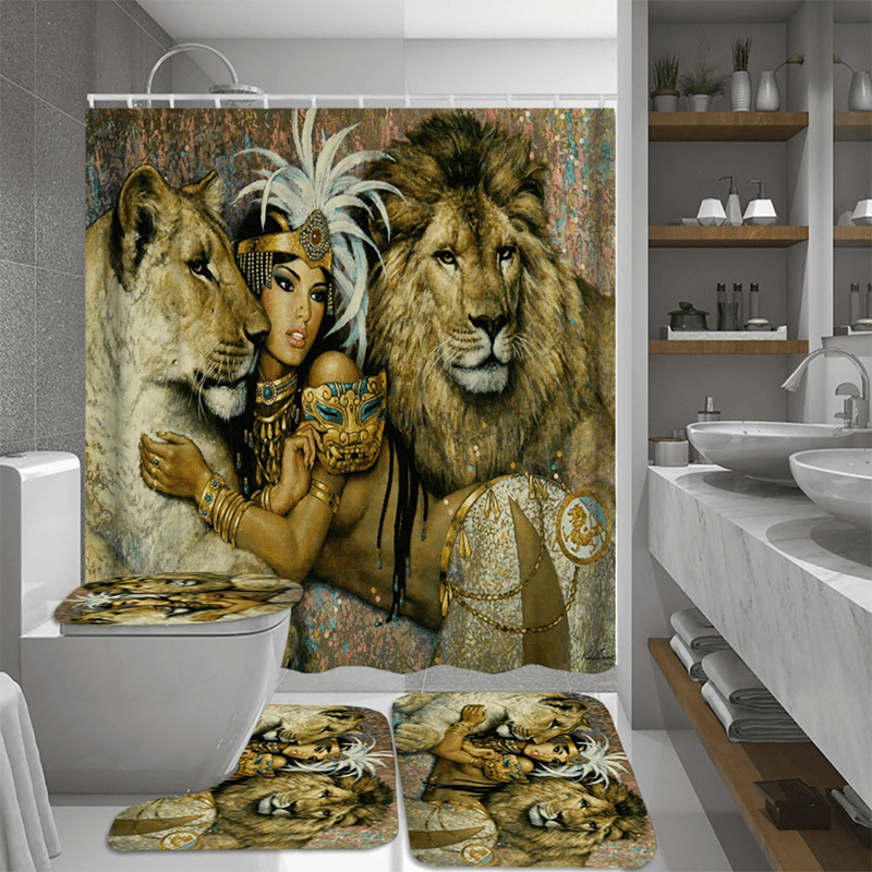 African Woman Egypt Queen and Lion Waterproof Bathroom Set Shower Curtain Bath Mats Floor Doormat Rugs - MRSLM
