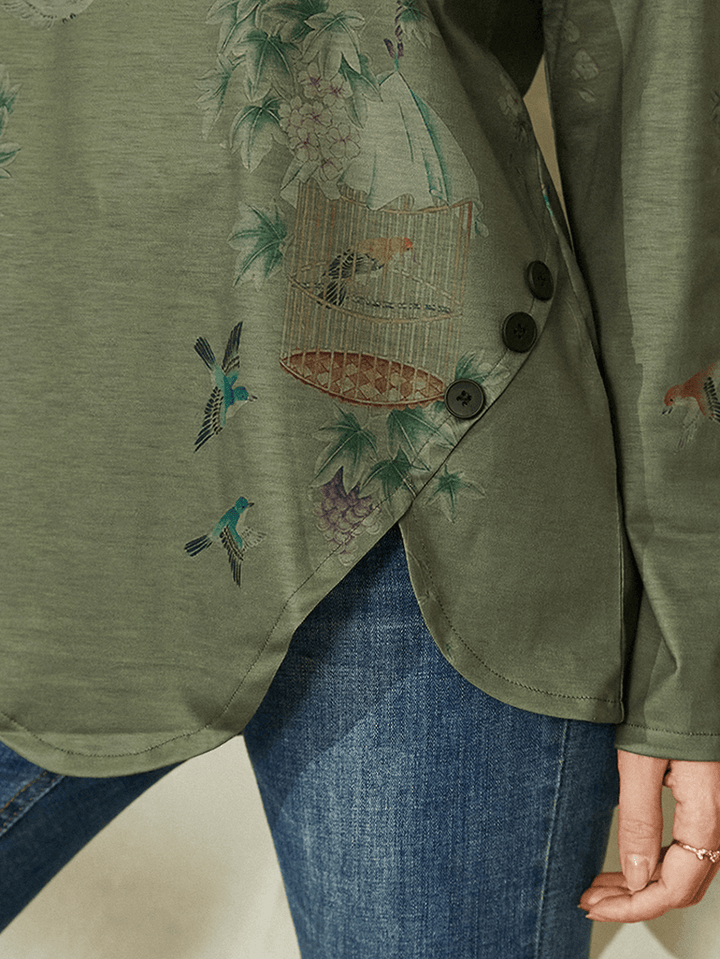 Plants Print O-Neck Long Sleeve Irregular Hem T-Shirt for Women - MRSLM