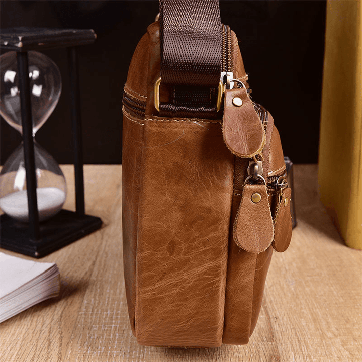 Men Genuine Leather Multi-Pocket Vintage 6.3 Inch Phone Bag Crossbody Bags Shoulder Bag Handbag - MRSLM