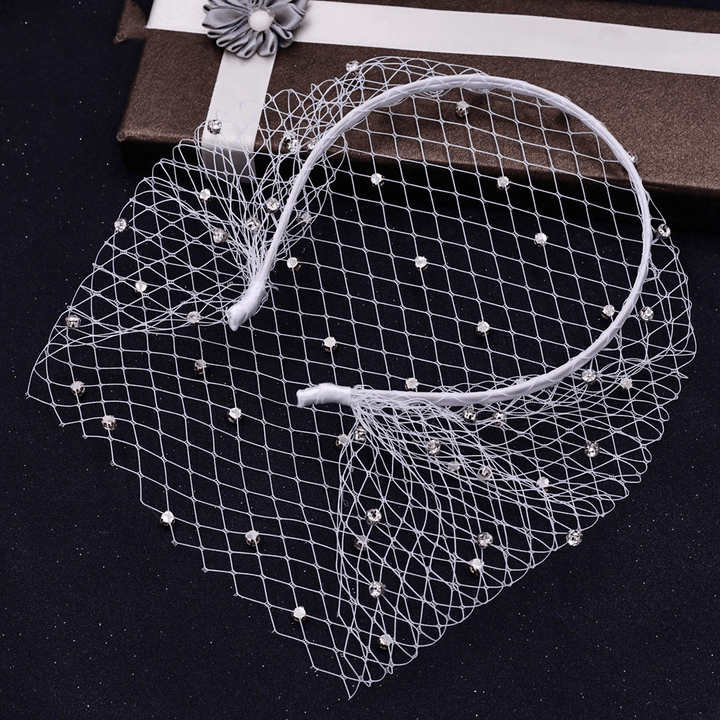 Rhinestone Veil and Mesh Headband, Black and White Bridal Headwear - MRSLM