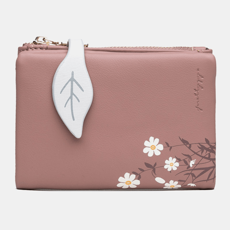 Women PU Leather Floral Printing Casual Mini Easy Carry Money Clip Card Holder Wallet - MRSLM
