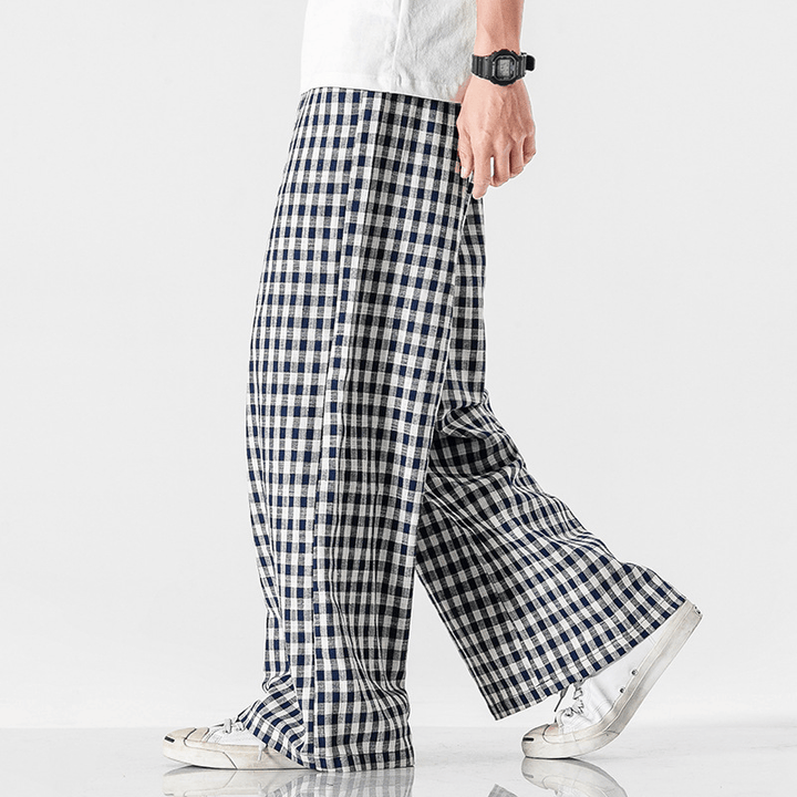 Summer plus Size Chinese Style Cotton and Linen Plaid Baggy Pants - MRSLM