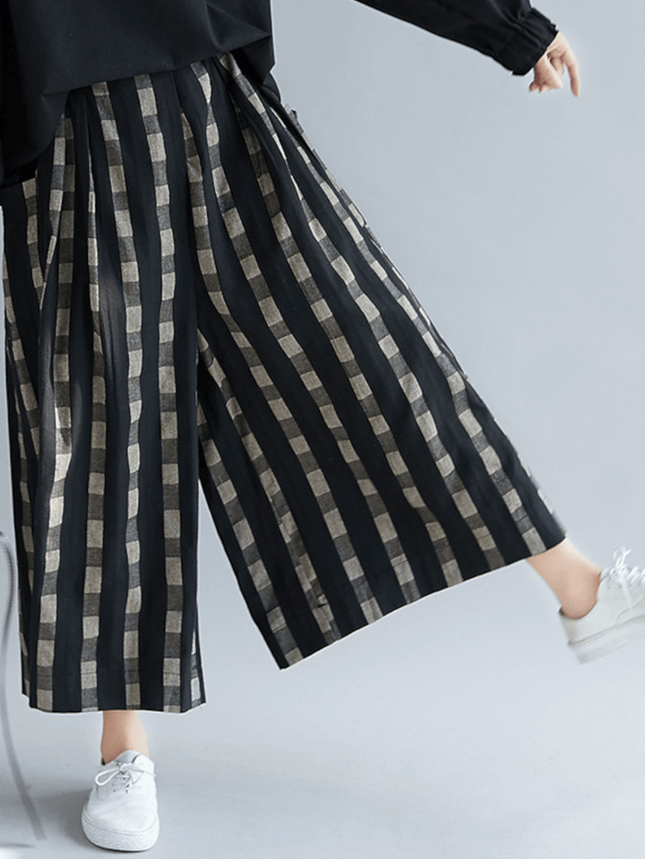 Women Plaid Striped Print plus Size Side Pocket Loose Pants - MRSLM