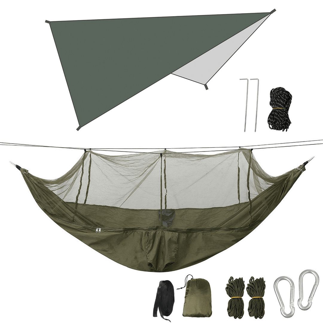Double Person Camping Hammock with Mosquito Net + Awning Outdoor Hiking Travel Hanging Hammock Set Bearable 300Kg - MRSLM