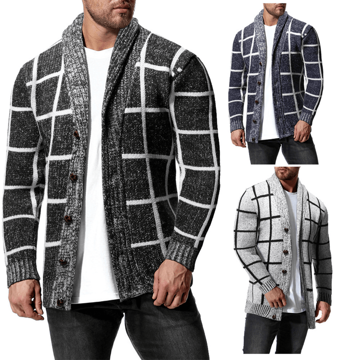 Men'S Winter Color Matching Plaid Cardigan Sweater - MRSLM