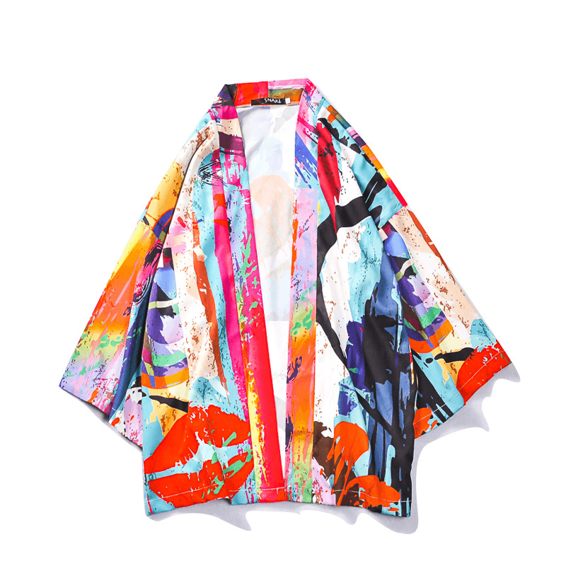 Japanese Tang Suit Color Graffiti Road Robe Sunscreen Coat Three-Quarter Sleeve Couple Male Kimono Loose Thin Section - MRSLM