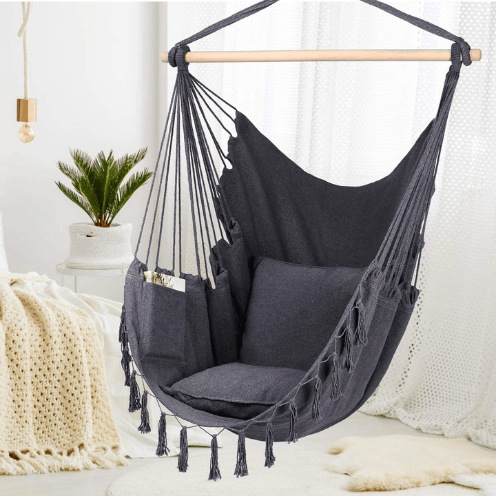 Max 330Lbs/150Kg Hammock Chair Hanging Rope Swing with 2 Cushions Included Large Tassel Hanging Chair with Pocket - MRSLM