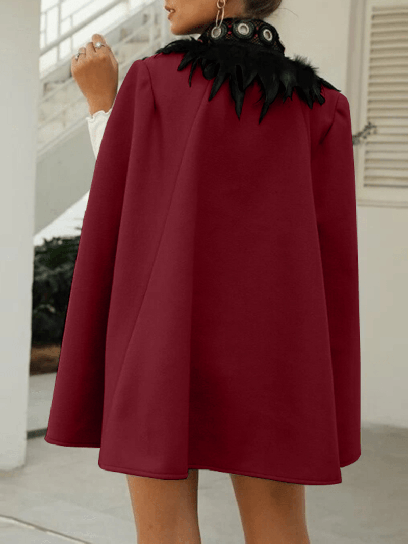 Women Feather Tweed Contrast Color Sleeveless Knee Length Cape Coats - MRSLM