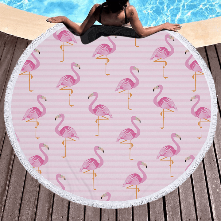 Fashion Flamingo 450G round Beach Towel with Tassels Microfiber 150Cm Picnic Blanket Beach Cover Up - MRSLM