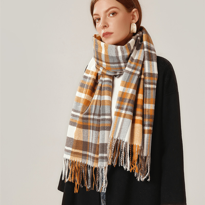 Imitation Cashmere Scarf Plaid Thickened Cold and Warm Tassels - MRSLM