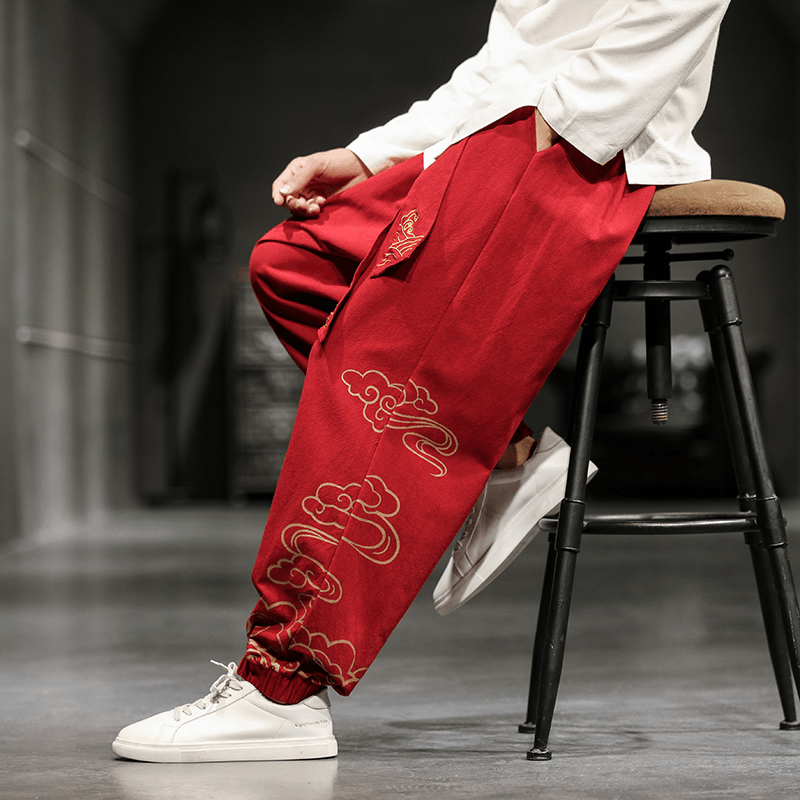 New Chinese Style Men'S Trousers Printed Loose Wide-Leg Trousers plus Size - MRSLM