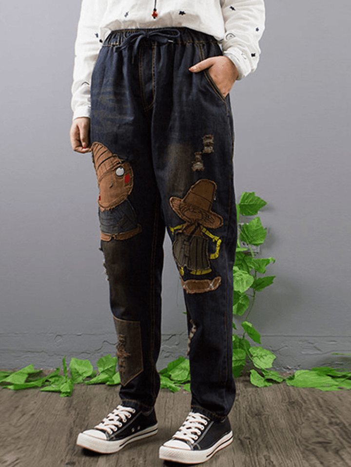 Embroidery Patchwork Elastic Waist Denim Jeans - MRSLM