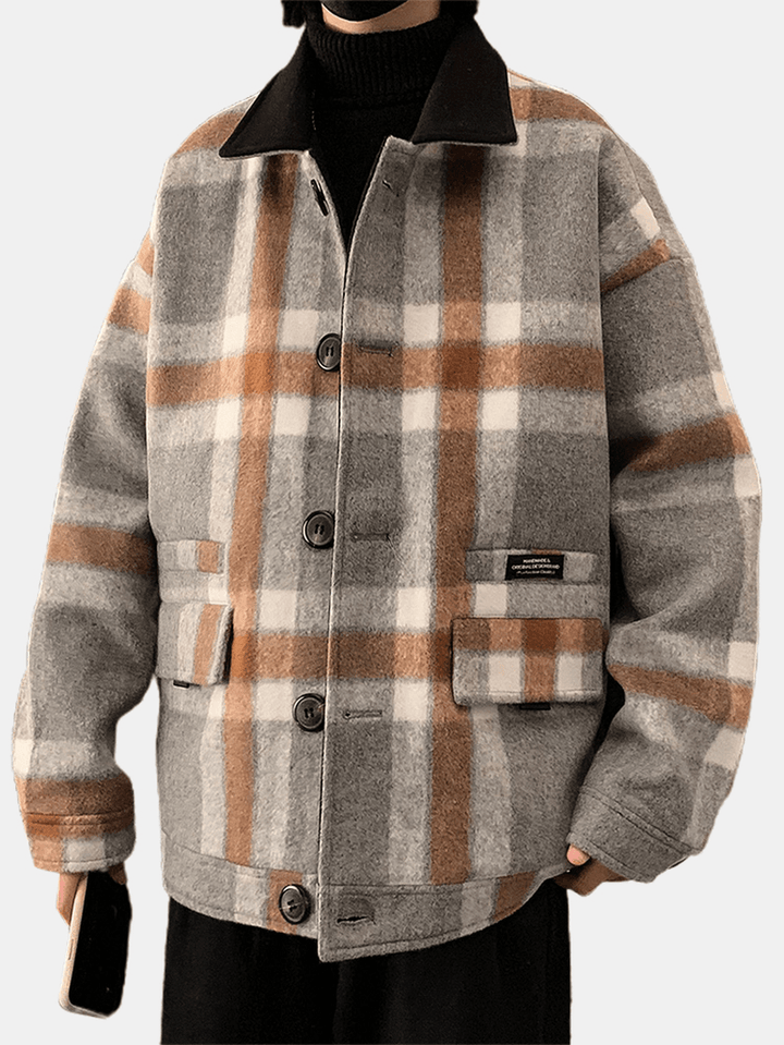 Mens Design Plaid Thicken Long Sleeve Warm Duffle Jacket with Pocket - MRSLM