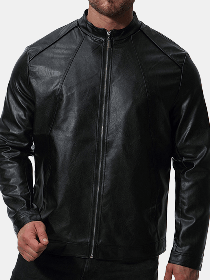 Mens Biker Stand Collar Stylish Faux Leather Black Jacket - MRSLM