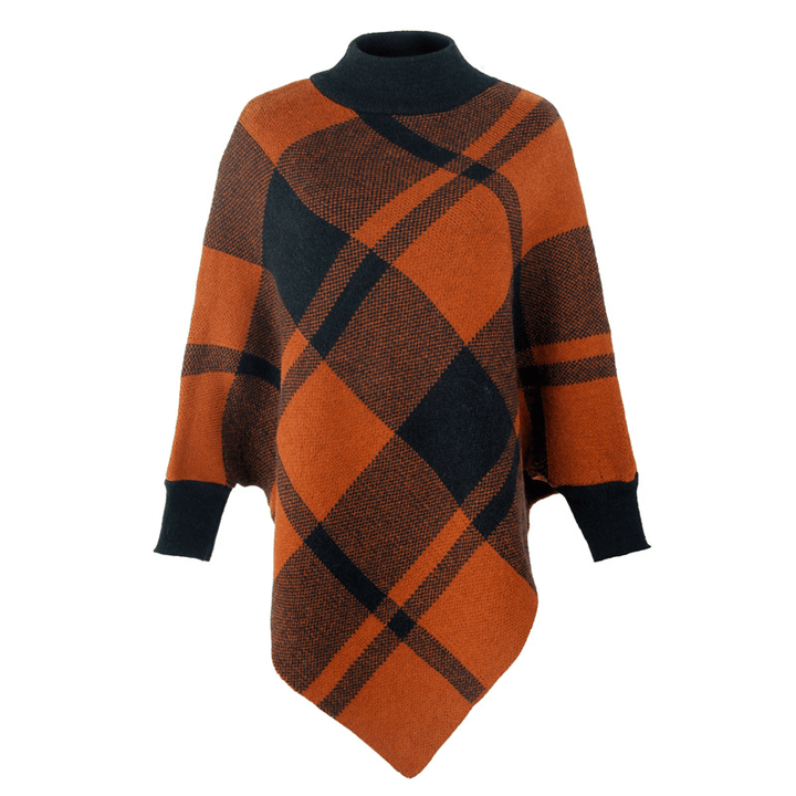 Color Block Check Cape Bat Sleeve Pullover Knit Shawl - MRSLM