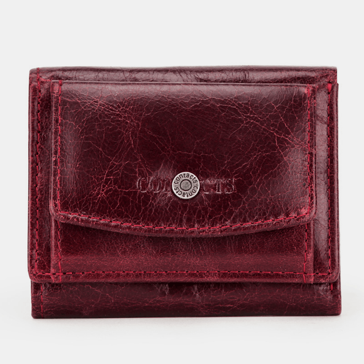 Women Genuine Leather RFID Anti-Theft Brush Leather Lady Mini Wallet Multi-Function Tri Fold Small Coin Purse - MRSLM