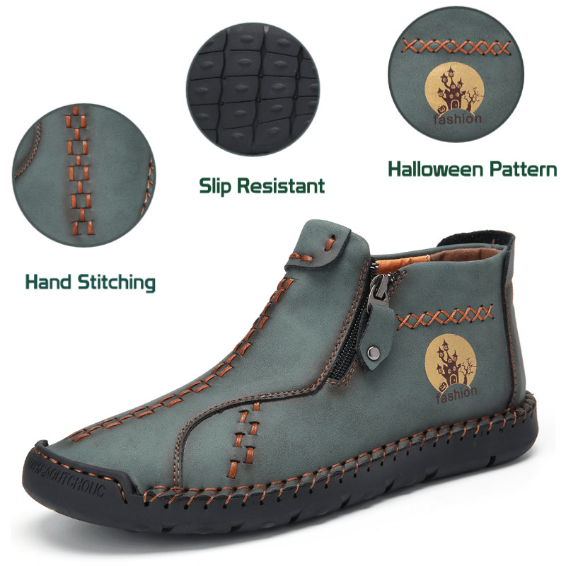 Menico Men Hand Stitching Leather Halloween Pattern Non-Slip Toe-Protected Casual Ankle Boots - MRSLM