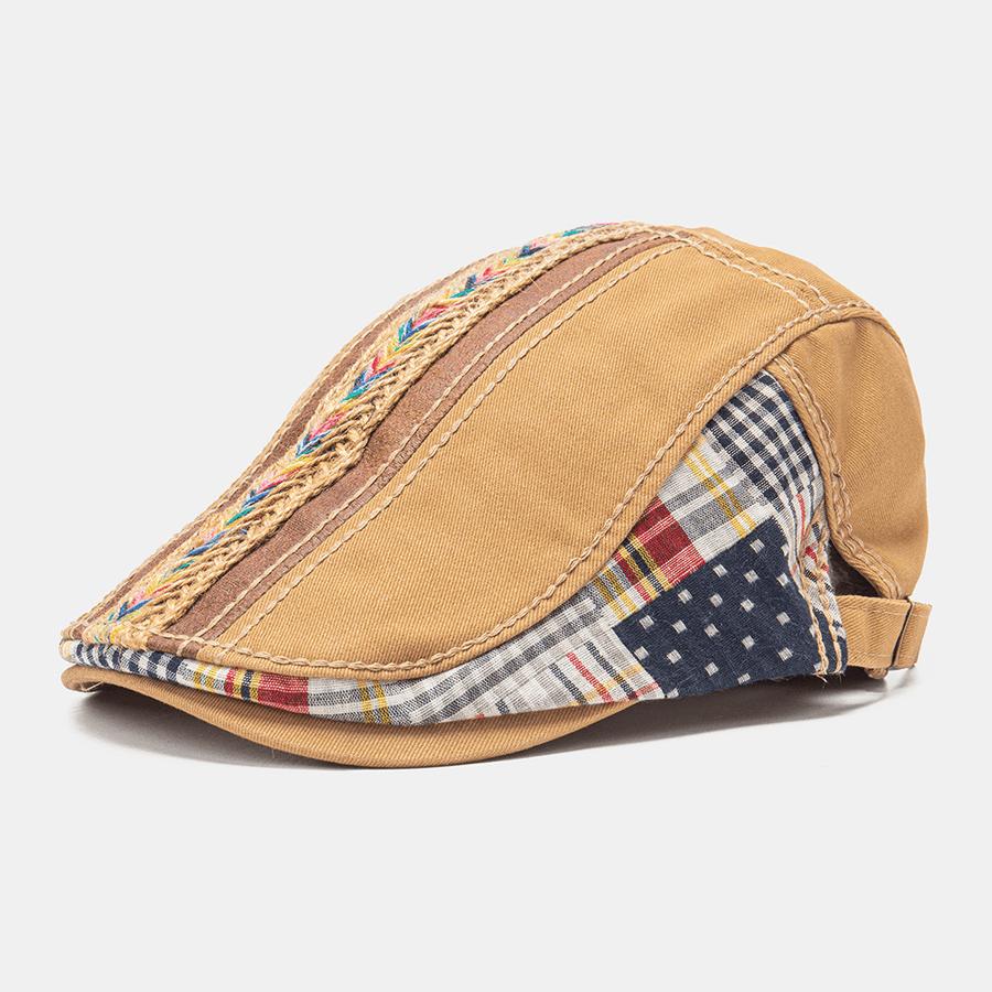 Collrown Unisex Cotton Patchwork Rainbow-Colored Woven Straw Rope Decoration Casual All-Match Beret Flat Cap Ivy Cap - MRSLM