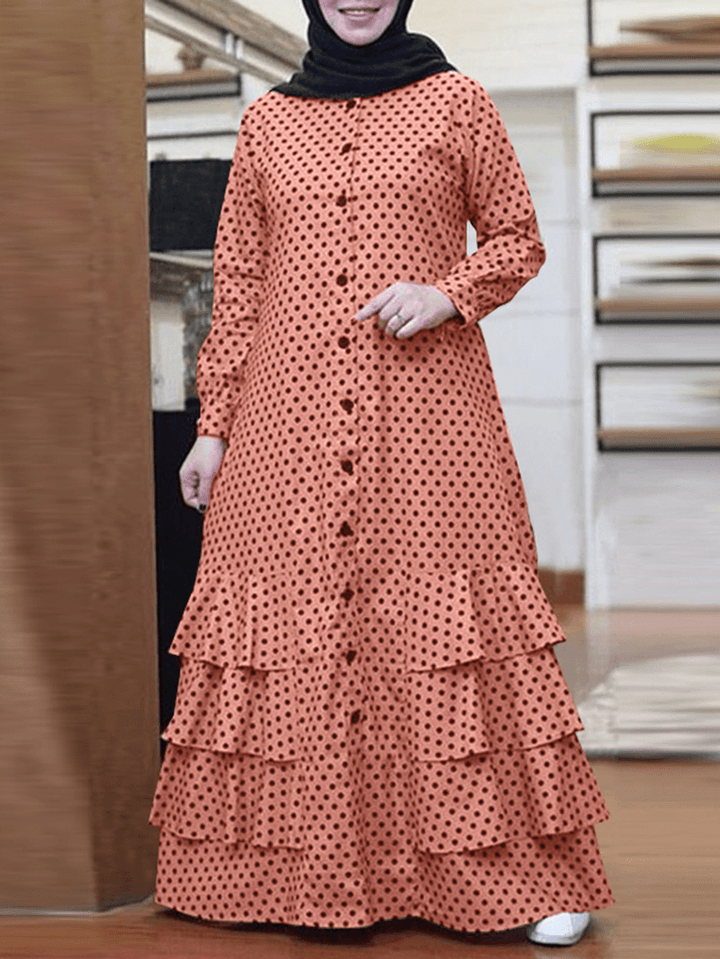 Polka Dot Ruffles Trim Button Long Sleeve Bohemian Shirt Maxi Dress for Women - MRSLM