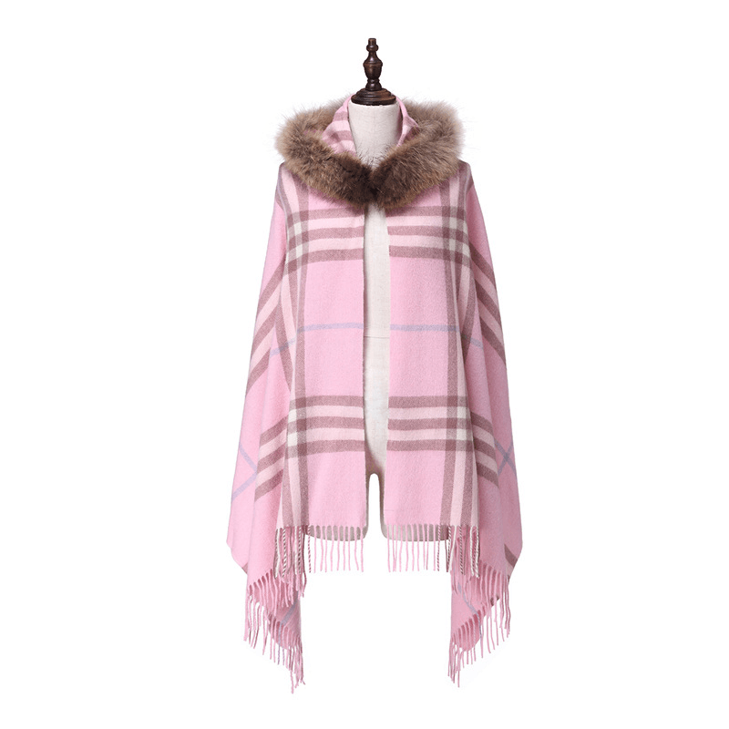 Women'S Shawl Raccoon Fur Collar Wool Plaid Scarf - MRSLM