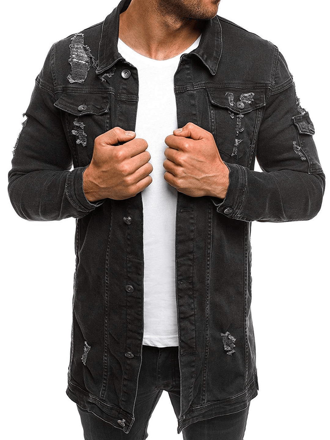 Fashion Men'S Mid-Length Ripped Denim Jacket - MRSLM