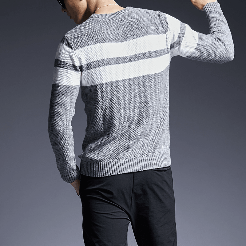 men's thick striped round neck cotton sweater, view 3 - MRSLM