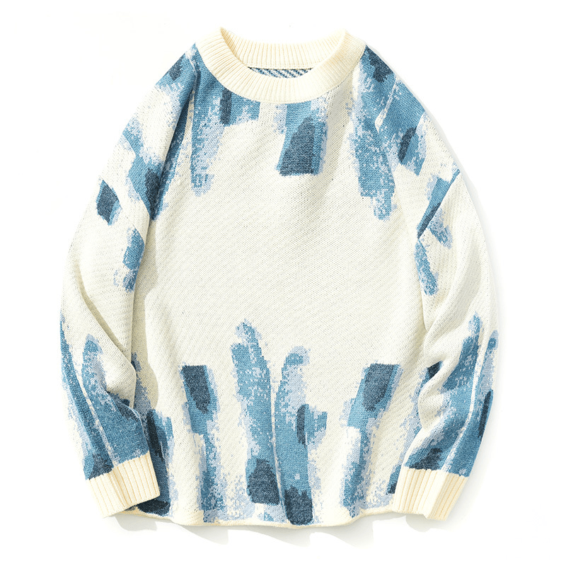 Blue Graffiti Watercolor Jacquard Casual Knit Loose Sweater - MRSLM