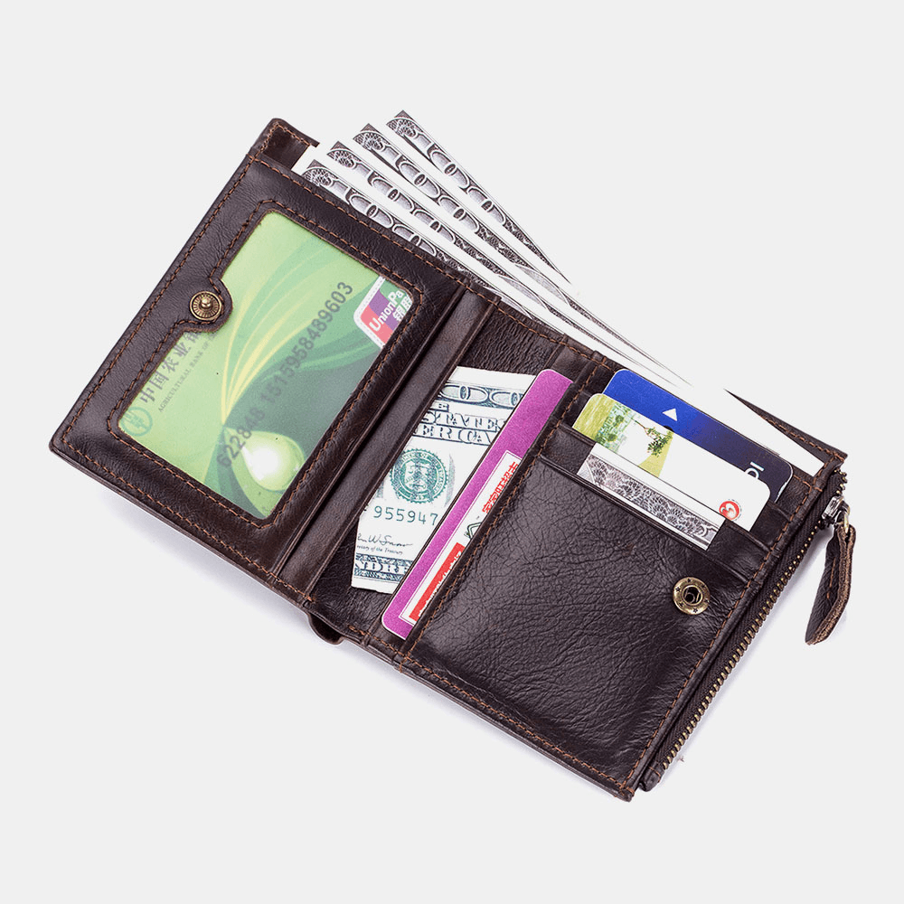 Men Bifold Leather Wallets Hasp Short Large Capacity Coin Purse Card Holder Cowhide Wallets - MRSLM