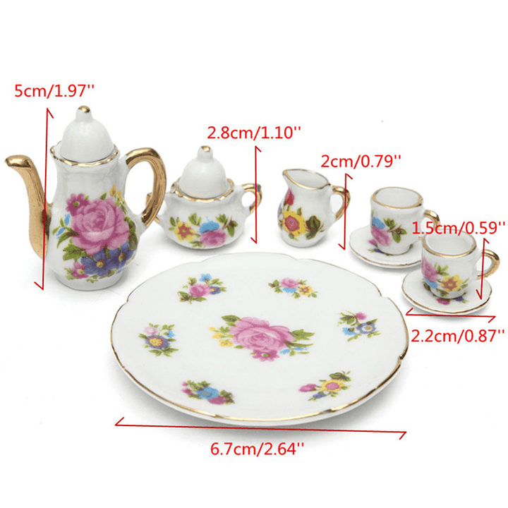 8Pcs Porcelain Vintage Tea Sets Teapot Coffee Retro Floral Cups Doll House Decor Toy - MRSLM