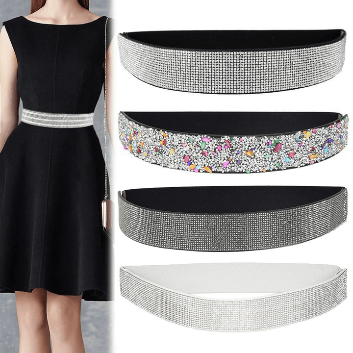 Rhinestones and Diamonds Elastic Wide Belt Flashing Diamonds Ladies Versatile Crystal Stretch - MRSLM