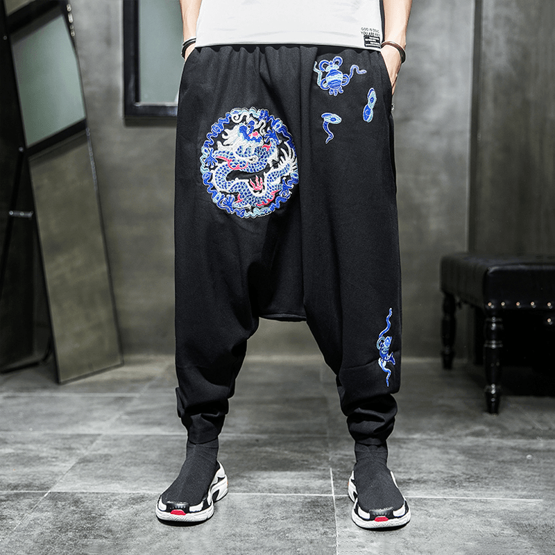 Autumn Country Chaolong Embroidery Casual Pants Loose plus Fat plus Size Straight Tube Low Crotch Span Pants - MRSLM