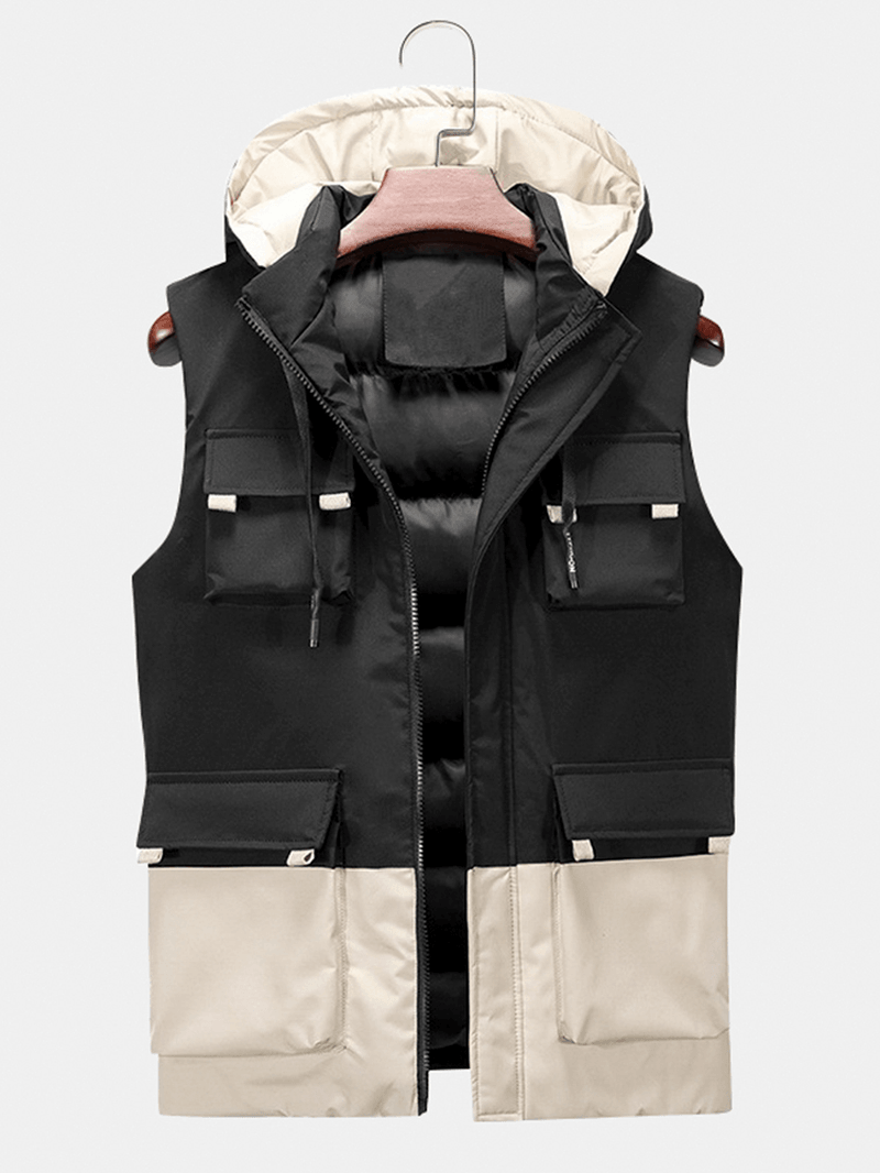 Mens Contrast Patchwork Warm Windproof Hooded Padded Gilet Vests with Multi Pocket - MRSLM