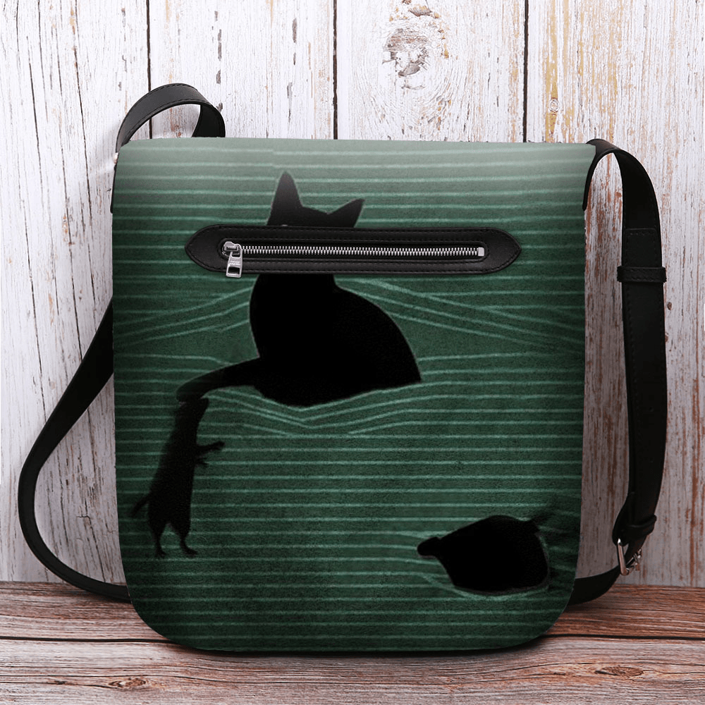 Women Felt Cute Casual Cartoon Black Cat Caught Mouse and Stripes Pattern Crossbody Bag Shoulder Bag - MRSLM