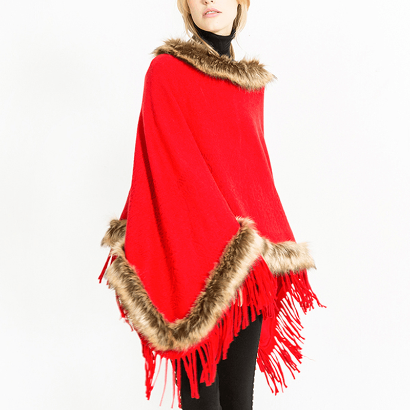 Women Tassel Solid Fur Poncho with Hood Warm Scarves - MRSLM