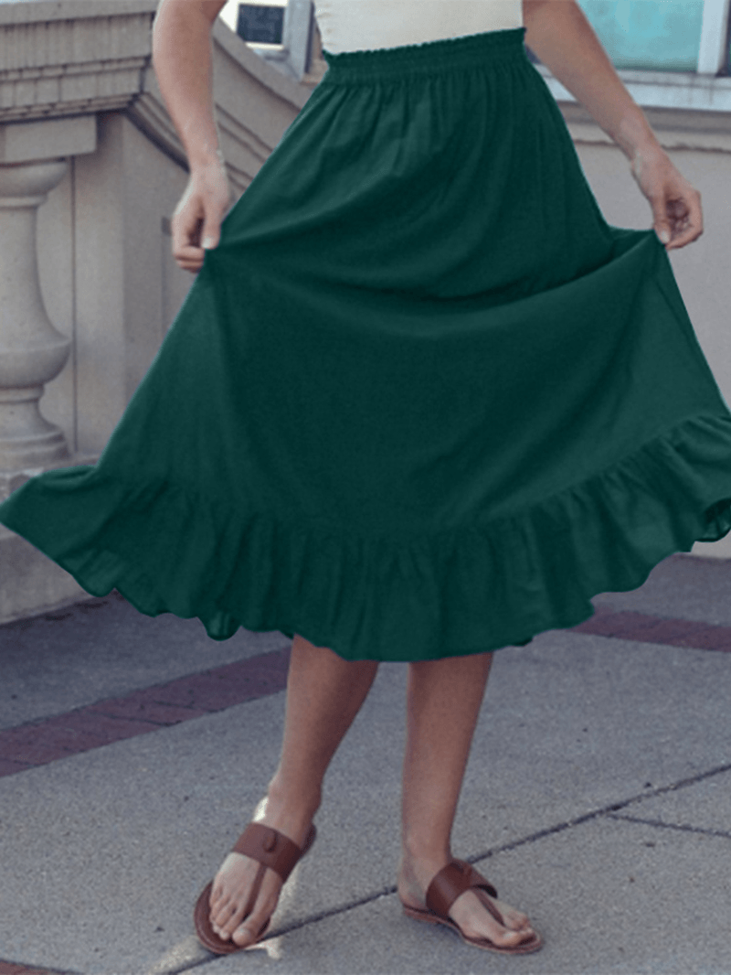 Solid Color A-Line Ruffle Hem Elastic Waist Pleated Casual Skirts for Women - MRSLM