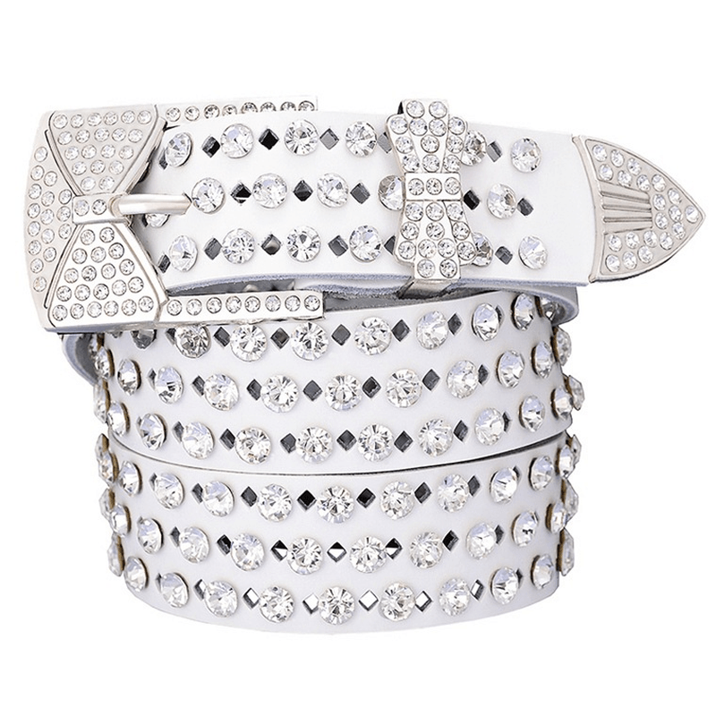 Women'S Leather Hollow Leather Belt with Rhinestones and Butterfly Pin Buckle - MRSLM