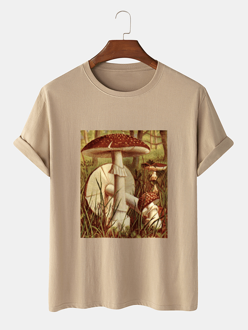 Mens Vintage Mushroom Graphic Print 100% Cotton Short Sleeve T-Shirt - MRSLM