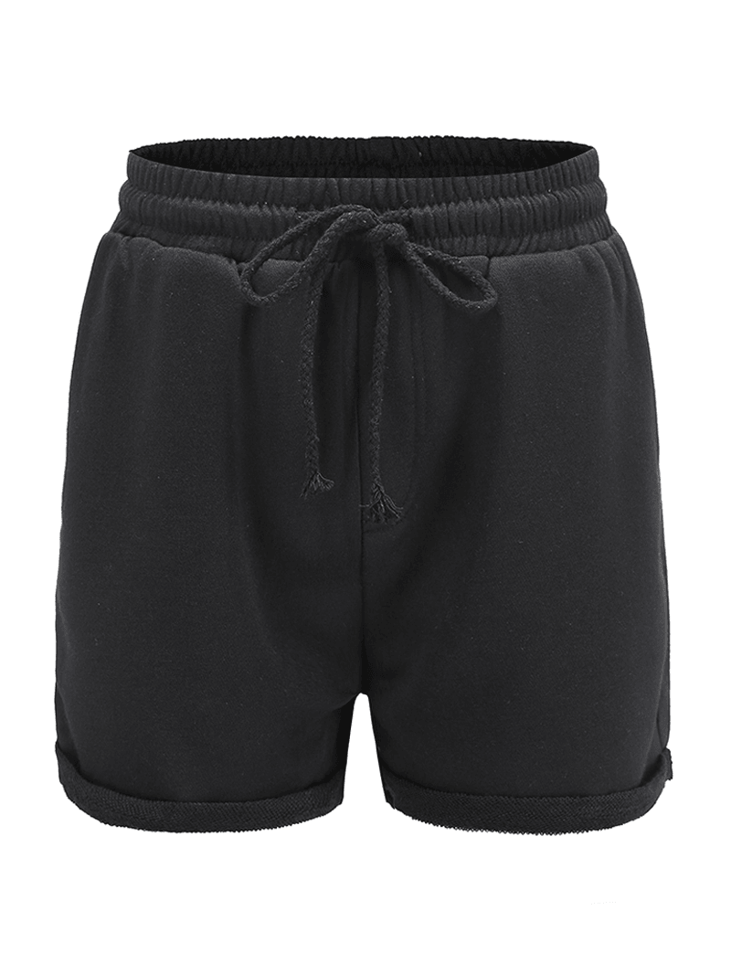 Women Simple Solid Color Drawstring Pocket Casual High Waist Shorts - MRSLM