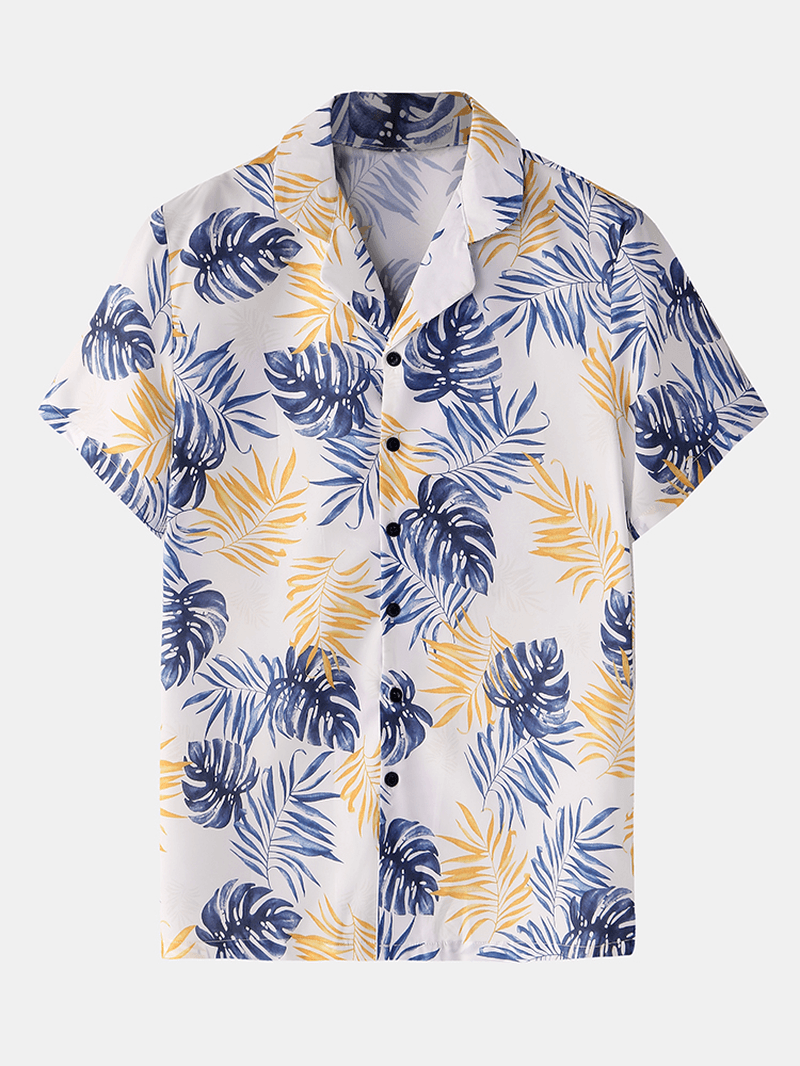 Men Tropical Plant Leaves Print Turn down Collar Pajama Set Faux Silk Home Sleepwear - MRSLM