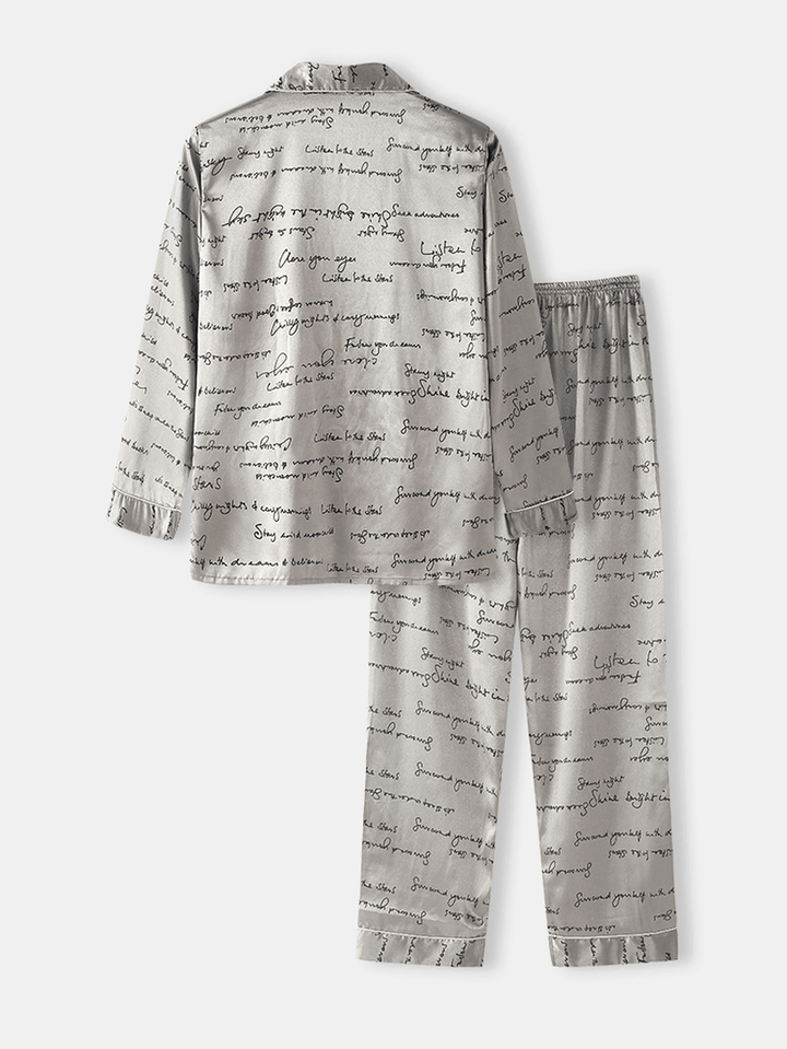 Mens Allover Slogan Print Flap Pocket Faux Silk Home Long Sleeve Lounge Pajama - MRSLM