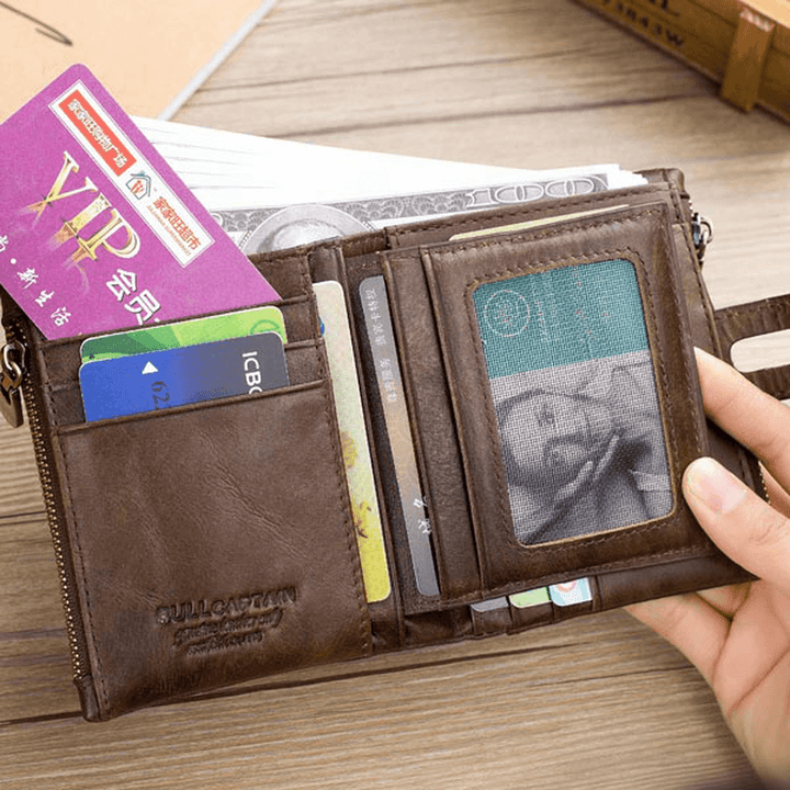 Bullcaptain RFID Antimagnetic Vintage Genuine Leather 14 Card Slots Coin Bag Wallet - MRSLM