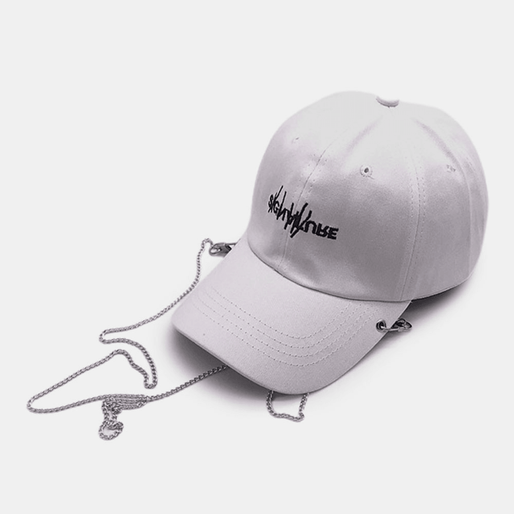 Unisex Cotton Solid Color Letter Pattern Embroidery Long Chain Decoration Personality All-Match Baseball Cap - MRSLM