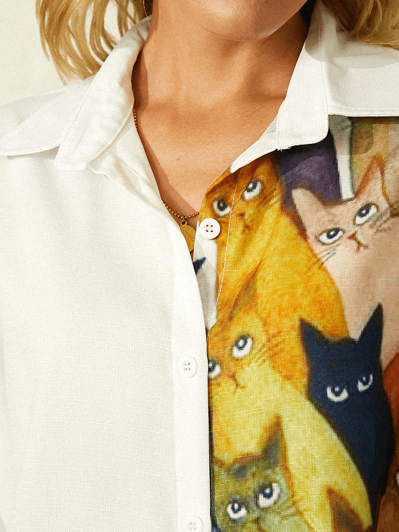 Women Cartoon Cat Printed Lapel Cute Long Sleeve Shirts - MRSLM