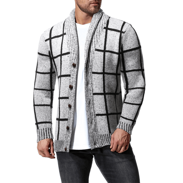 Men'S Winter Color Matching Plaid Cardigan Sweater - MRSLM