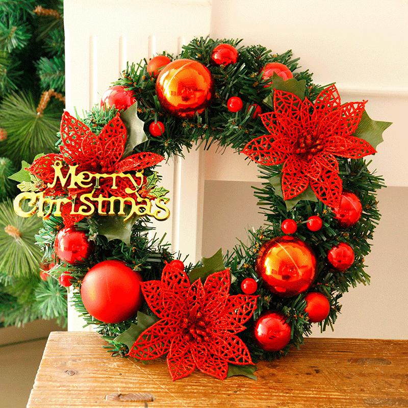 30Cm Christmas Wreath Dense Pine Needles Merry Christmas Letters Rattan Door Wreath Decorations - MRSLM