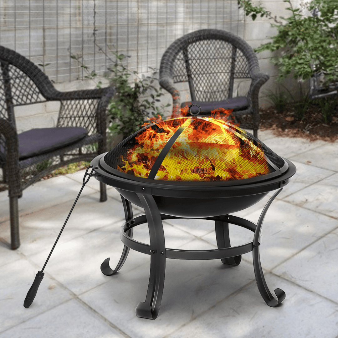 22 Inch Patio Steel Fire Pit Outdoor Camping Picnic Garden BBQ Grill Patio Burner Heater Cooking Stove with Spark Screen Cover - MRSLM