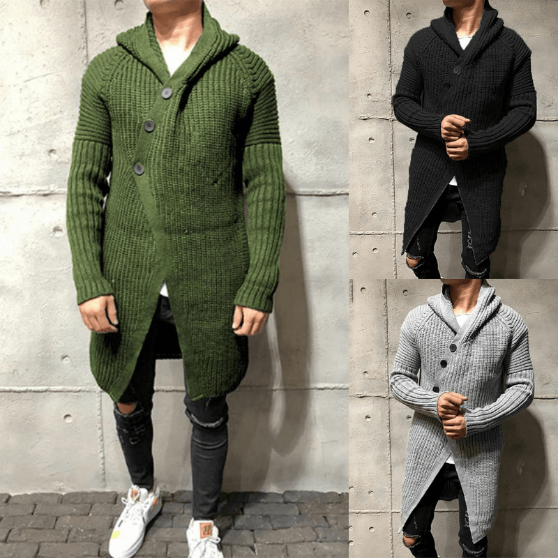 Sweater Cardigan Solid Color Hooded Long Knit Jacket - MRSLM