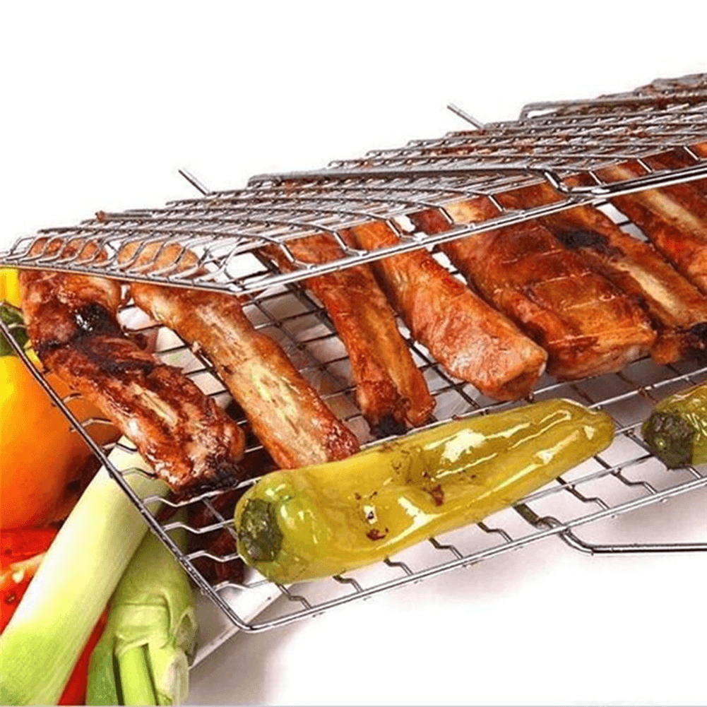 Ipree® Iron Wire Barbecue Grilling Basket BBQ Net Wooden Handle Meat Fish Clip Holder - MRSLM